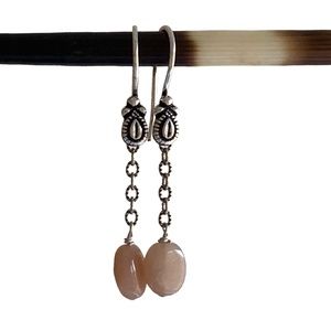 earrings hanging pink/tan stone silver tone hook 1 ¾" long delicate handmade